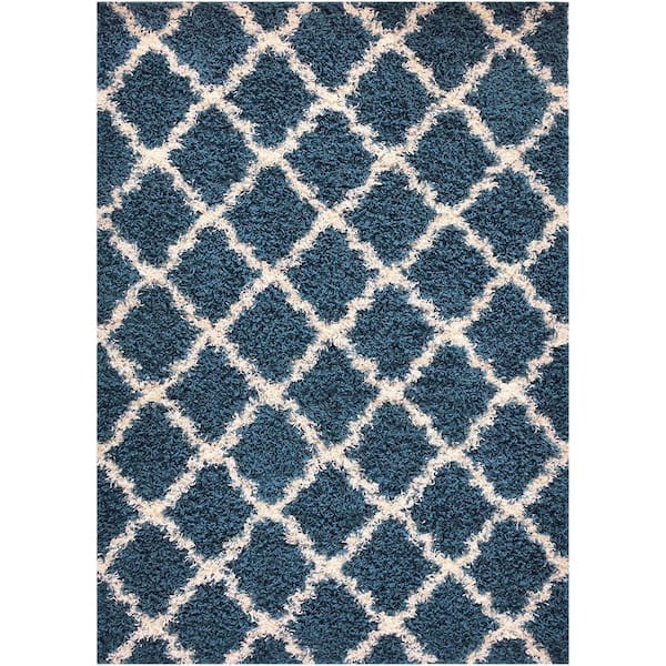 Shaggy Petrol Blue 3 ft. x 7 ft. Trellis Synthetic Rectangle Area Rug