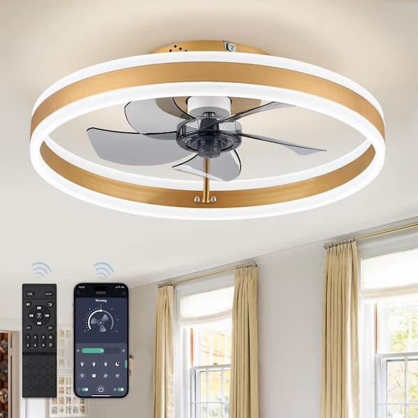HINNIXY 20 in. Smart Indoor Gold Flush Mount Color Changing LED Ceiling Fan with Light Kit and Remote and App Control