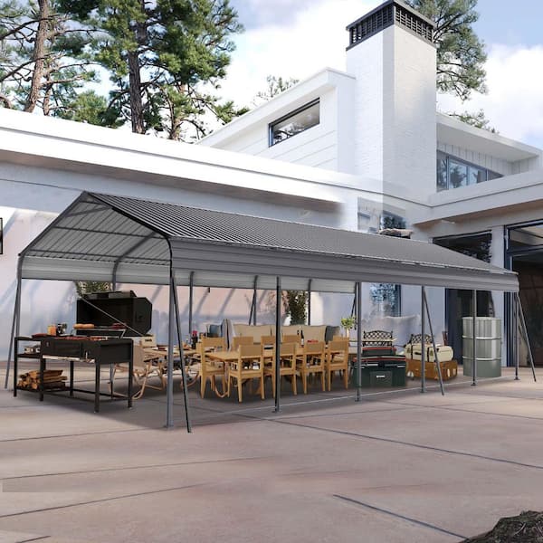 13 ft. W x 27 ft. D Outdoor Heavy Duty Gray Metal Carports with Galvanized Steel Roof & Frame, Shed for Car/Boats/Truck