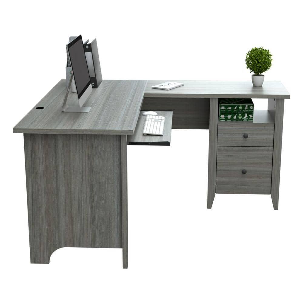 Luxe Gray Smoke Oak L-Shaped Computer Desk with Storage