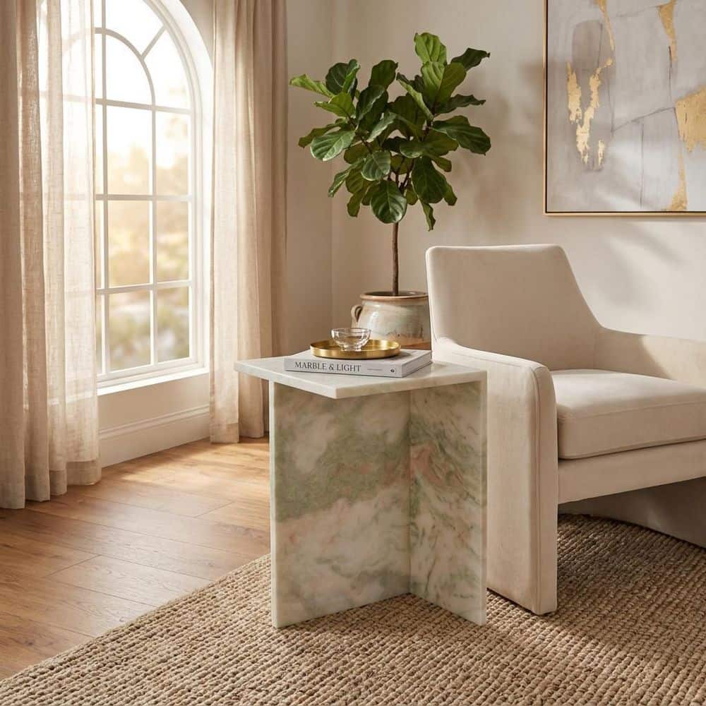 13 in. Light Green Square Marble Top End Table