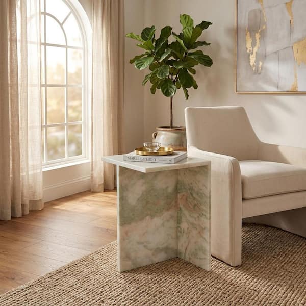 13 in. Light Green Square Marble Top End Table