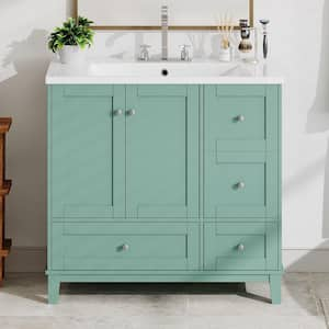 36 in. W x 18 in. D x 34 in. H Single Sink Freestanding Bath Vanity in Green with White Resin Top and Storage