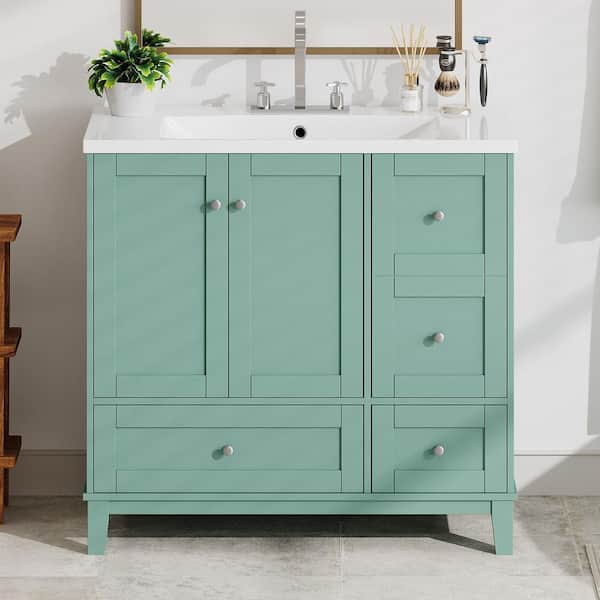 EPOWP 36 in. W x 18 in. D x 34 in. H Single Sink Freestanding Bath Vanity in Green with White Resin Top and Storage