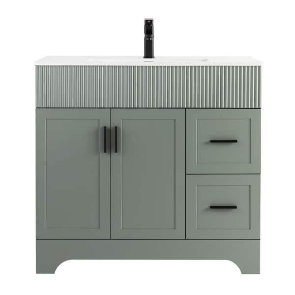 36 in. W. x 18 in. D x 34 in. H Single Sink Freestanding Bath Vanity in Green White Ceramic Top and Drain Faucet Set