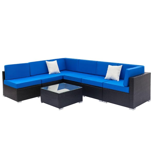 Karl home Black 7-Piece Wicker Outdoor Sectional Set with Blue Cushions