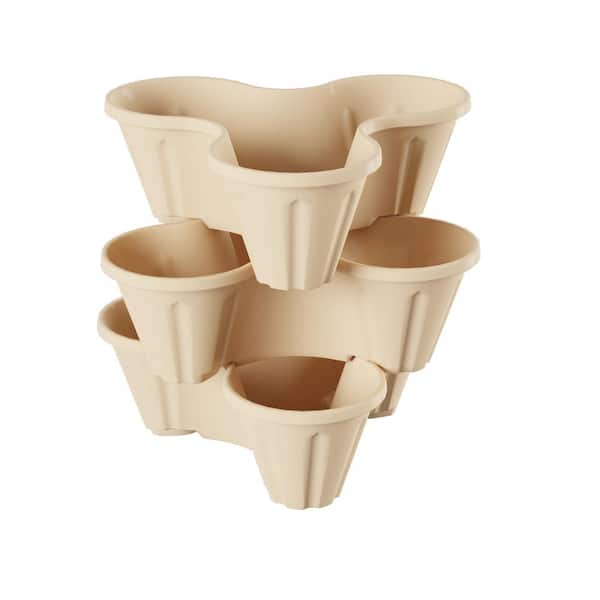 Pure Garden Sand Stone Plastic Stacking Planter Tower - 3-Tier Space Saving Flow Pots for Indoor/Outdoor Use (Set of 3)
