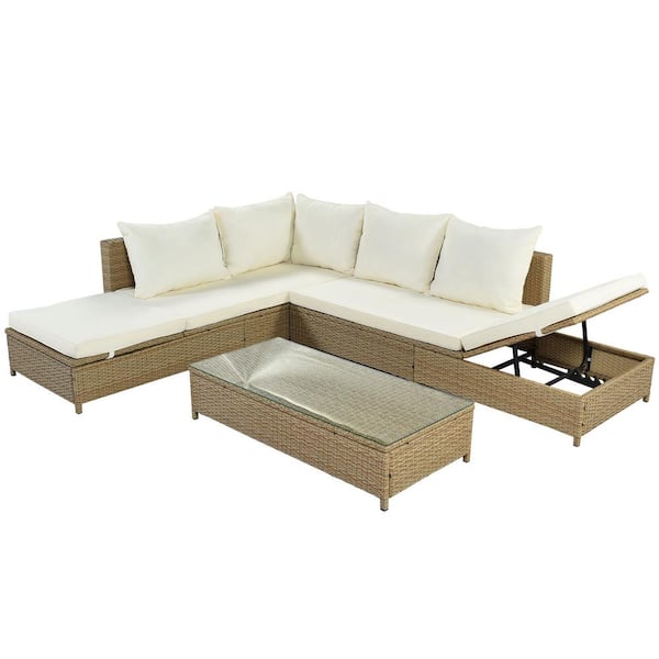 Zeus & Ruta 3-Piece PE Wicker Outdoor Sectional Sofa Set with Adjustable Lounge Frame, Tempered Glass Table and Beige Cushions