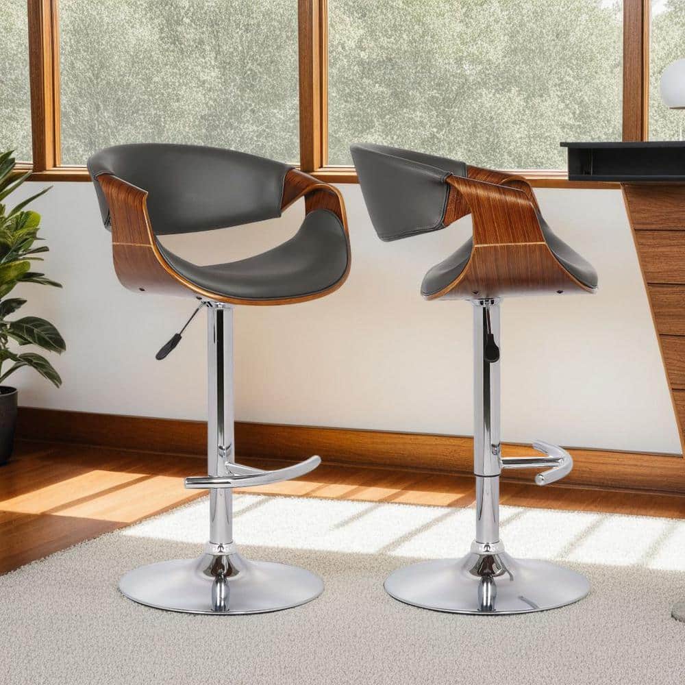 Butterfly 25-33 in. Gray Faux Leather and Chrome Finish Adjustable Swivel B