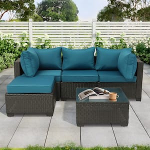 Dark Coffee 5-Piece Wicker Outdoor Sectional Set with Peacock Blue Cushions and Coffee Table