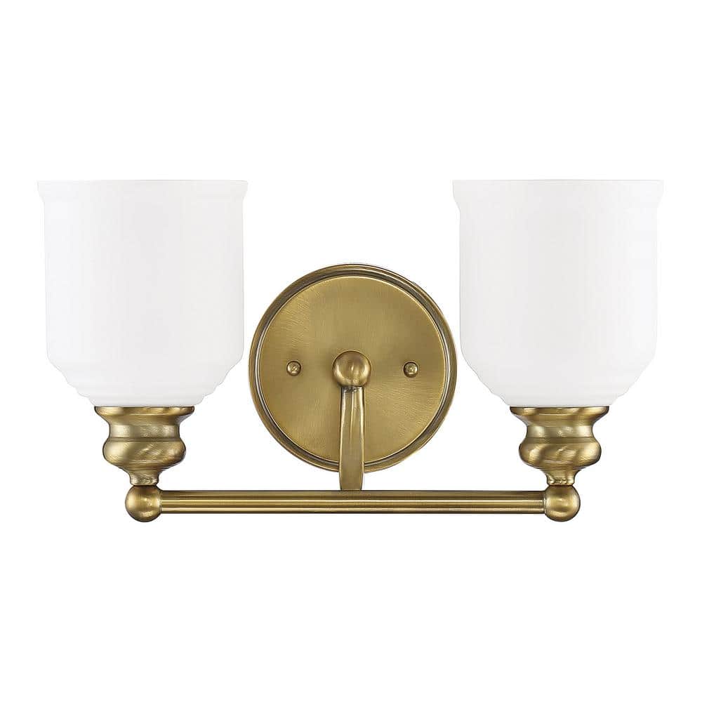 Melrose Warm Brass 2-Light Vanity Fixture with Opal Glass Shades