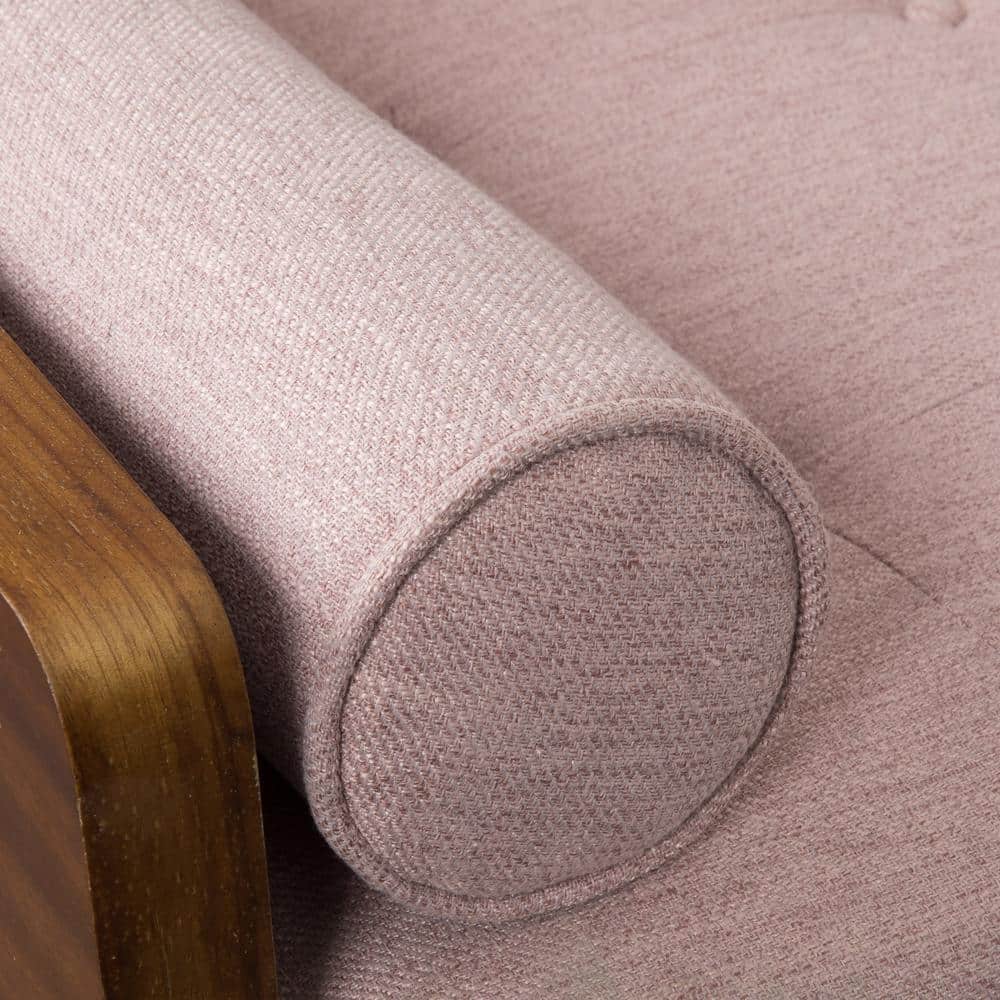 Light Blush Tufted Fabric Sofa with Walnut Wood Frame
