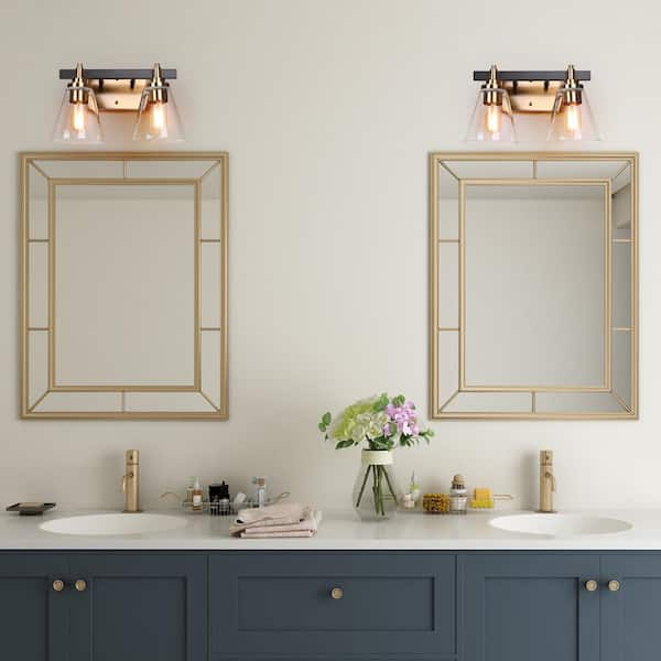 14 in. 2-Light Brass Gold Bathroom Vanity Light, Cone Clear Glass Bath Lighting, Modern Black Indoor Wall Sconce