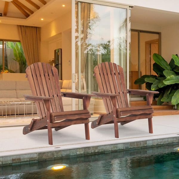 Huluwat Brown Wood Outdoor Folding Adirondack Chair Set of 2, Half Assembled