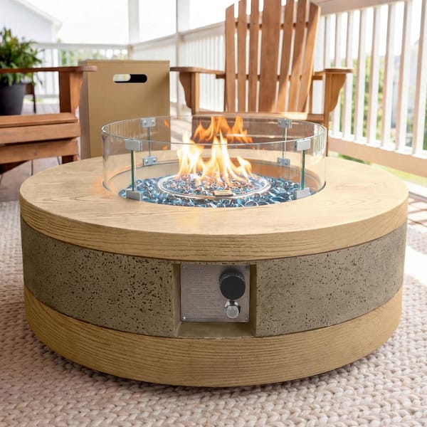 38-Inch Round Concrete Propane Fire Pit Table with Tank Cover and Wind Guard,Natural Oak