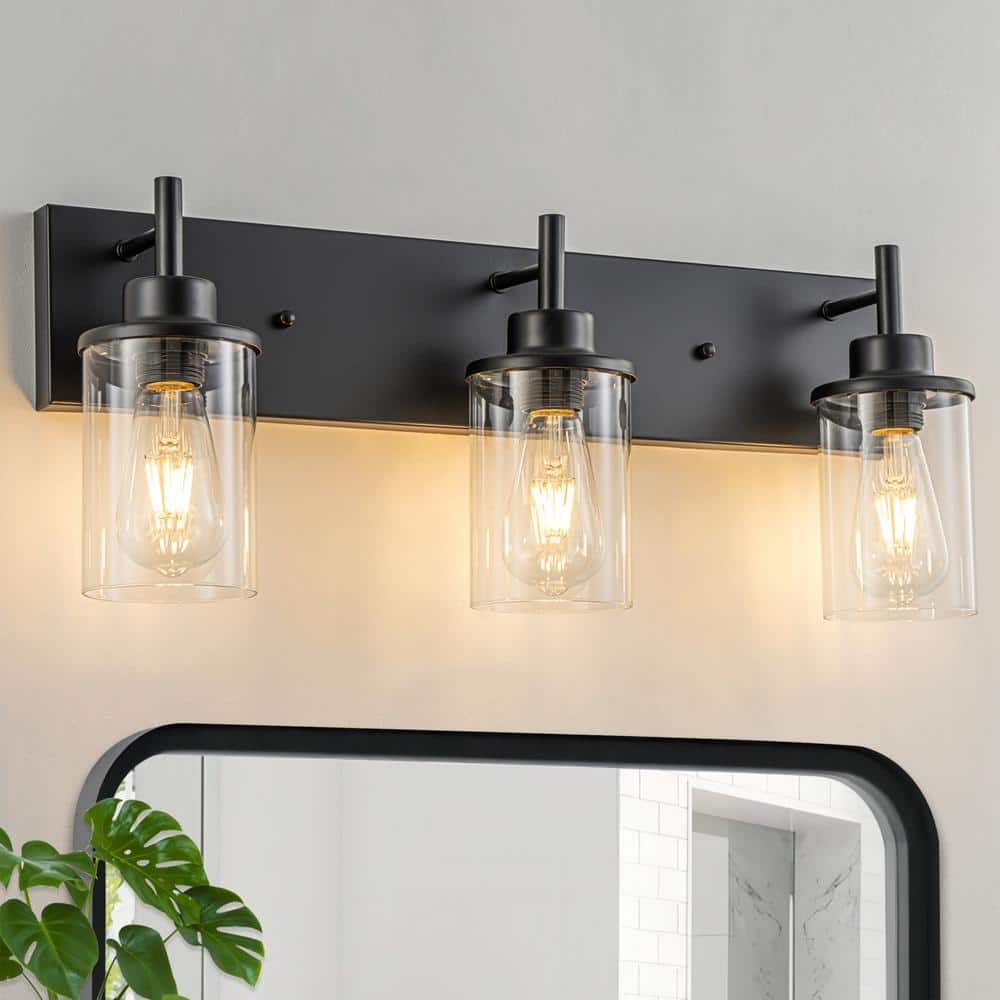 23.62 in. 3 Lights Black Vanity Light with Cylinder Glass Shade, Bathroom W