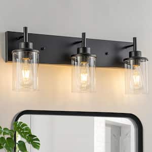 23.62 in. 3 Lights Black Vanity Light with Cylinder Glass Shade, Bathroom Wall-mounted Lighting Fixture