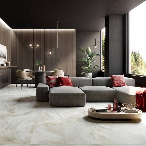 Living Room Travertine Floor Tile Madrid Grey Stone Effect Polished