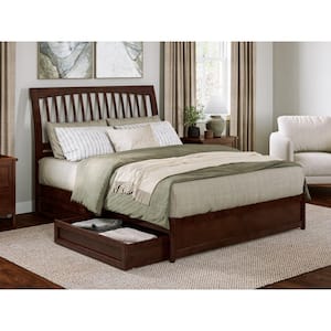 Roslyn Walnut Brown Solid Wood Frame Queen Platform Bed with Panel Footboard and Storage Drawers