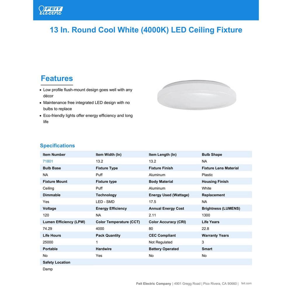 White 13-Inch Round LED Flush Mount Ceiling Light Fixture