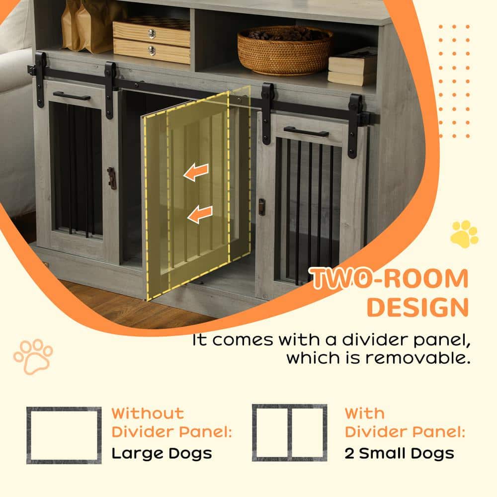 Large Gray Wooden Dog Crate Table with Sliding Doors