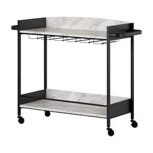 City Life Bar Cart with Wine Glass Rack, Black and Faux Carrara Marble