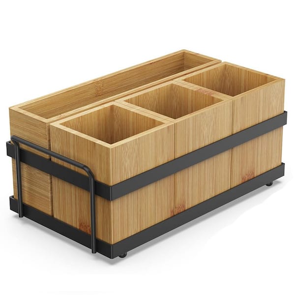 Bamboo Metal Countertop Organizer Removable Compartment Silverware Caddy for Parties and Everyday Use