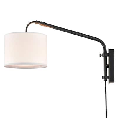 Matte Black 1-Light Plug in Adjustable Telescopic Swing Arm Wall Lamp includes 2 Linen Shades