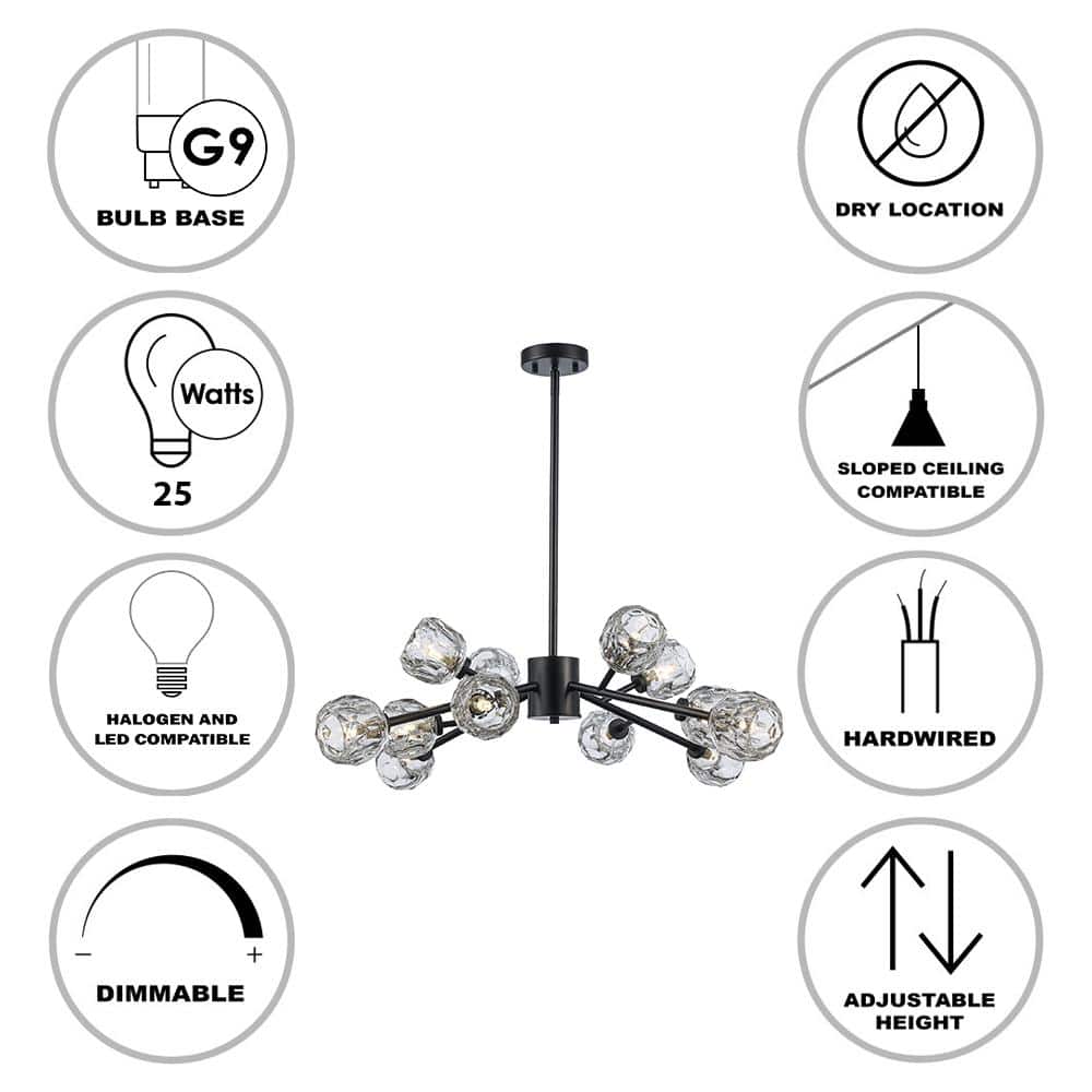 Black Metal and Clear Glass 12-Light Sputnik Chandelier