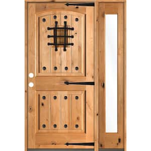 46 in. x 80 in. Mediterranean Knotty Alder Right-Hand/Inswing Clear Glass Clear Stain Wood Prehung Front Door w/RFSL