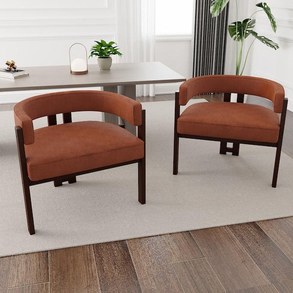 Orange Chenille Dining Chair Armchair with Open Back 3-Legs Barrel for Living Room (Set of 2)