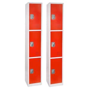 629-Series 72 in. H 3-Tier Steel Key Lock Storage Locker Free Standing Cabinets for Home, School, Gym in Red (2-Pack)