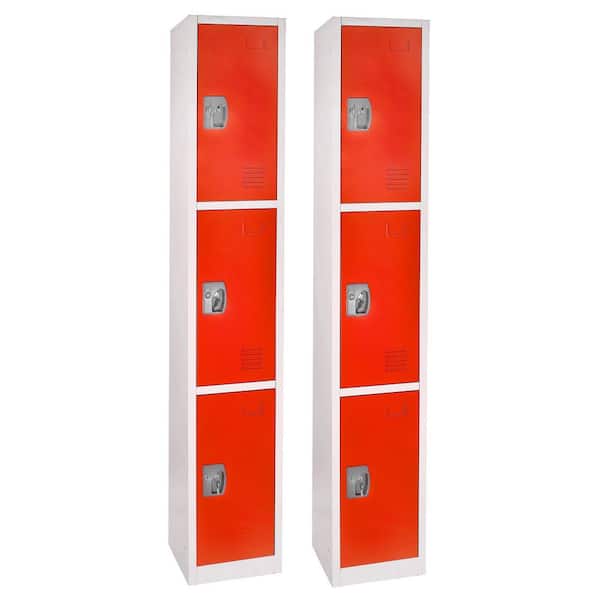 AdirOffice 629-Series 72 in. H 3-Tier Steel Key Lock Storage Locker Free Standing Cabinets for Home, School, Gym in Red (2-Pack)