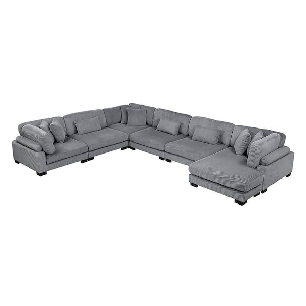 Lazzara Turbo 135 in. Pillow Top Arm 6-Piece Corduroy Fabric Modular Sectional Sofa in Gray with Reversible Chaise
