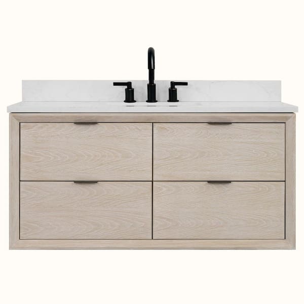 Solid Wood Contemporary 48 in. Wall Mount Whitewashed Oak Bath Vanity with White Artificial Stone Top Assembled
