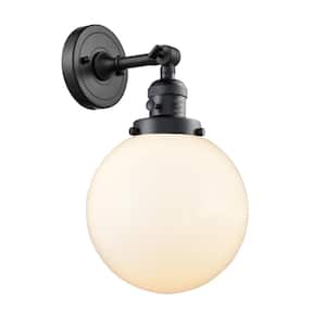 Beacon 1-Light Matte Black Wall Sconce with Matte White Glass Shade