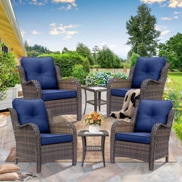 Brown 6-Piece Wicker Patio Conversation Set with Armrest Chairs Outdoor Rattan Side Table with Navy Blue Cushions