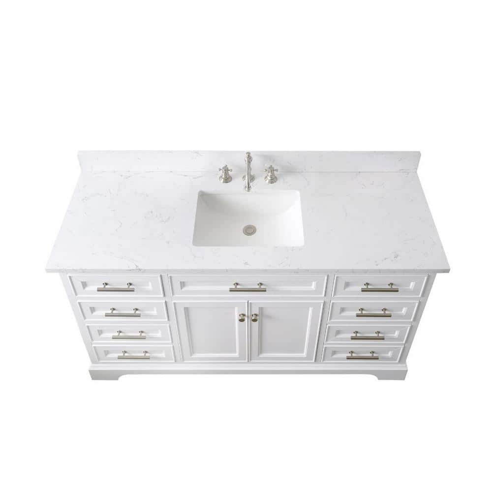 Thompson 60" White Solid Wood Single Bathroom Vanity with Engineered Stone Top