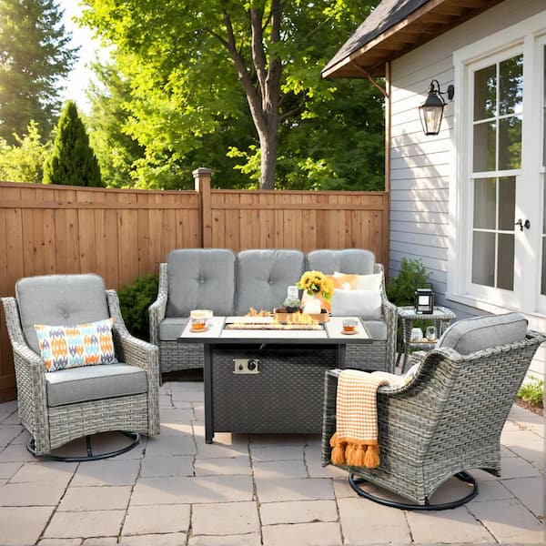 Eureka Gray 5-Piece Wicker Outdoor Patio Conversation Sofa Chair Seating Set with Metal Fire Pit and Dark Gray Cushions