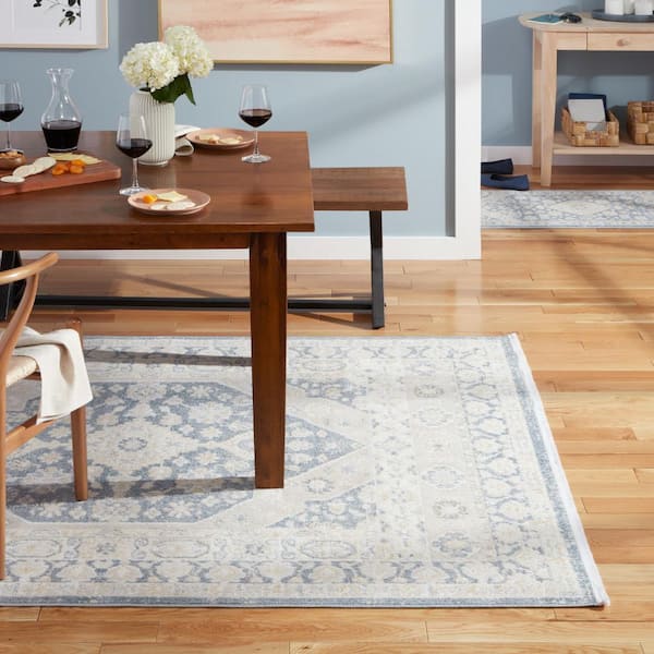 Everyday Rein Center Medallion Blue Beige 5 ft. x 7 ft. Machine Washable Rug