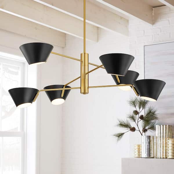 Rennnsan Ally 6-Light Black with Gold Mid Century Linear Sputnik Tiered Chandelier with Black Cone Shades