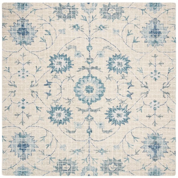 Blossom 6 ft. x 6 ft. Silver/Blue Ornate Floral Square Area Rug