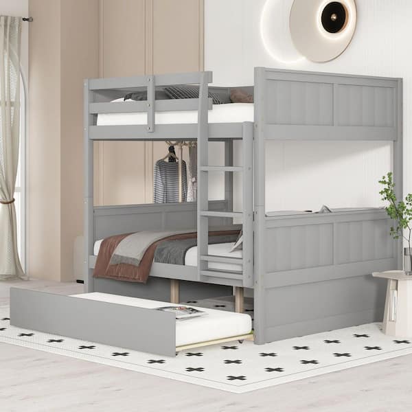 URTR Gray Full Over Full Bunk Bed for Kids Teens, Detachable Wood Full Bunk Bed Frame with Twin Size Trundle