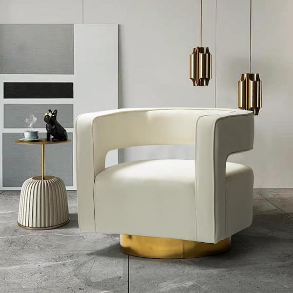 JAYDEN CREATION Gustaf Contemporary Velvet Ivory Comfy Swivel Barrel Chair with Open Back and Metal Base