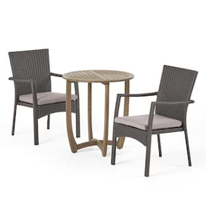 Sloane Gray 3-Piece Wood and Faux Rattan Outdoor Bistro Set with Gray Cushions