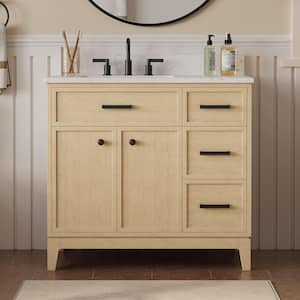 Serbia 37 in. Single Sink Freestanding Oak Bath Vanity with White Engineered Stone Top and Backsplash Assembled