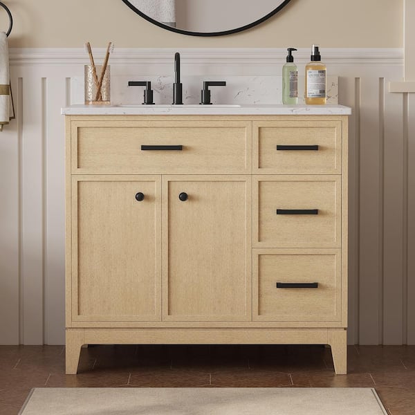 DELUXE DL LIVING Serbia 37 in. Single Sink Freestanding Oak Bath Vanity with White Engineered Stone Top and Backsplash Assembled