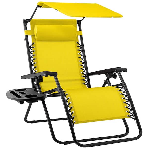 Angel Sar Folding Zero Gravity Outdoor Lounge Chair with Adjustable Canopy Shade and Pillow, Yellow