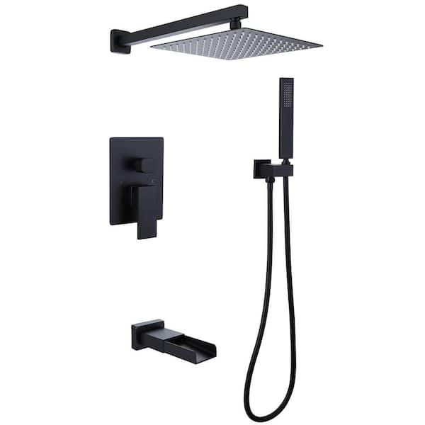 Waterfall Spout Single Handle 3-Spray Square High-Pressure Tub Shower Faucet 2.5 GPM in Matte Black (Valve Included)