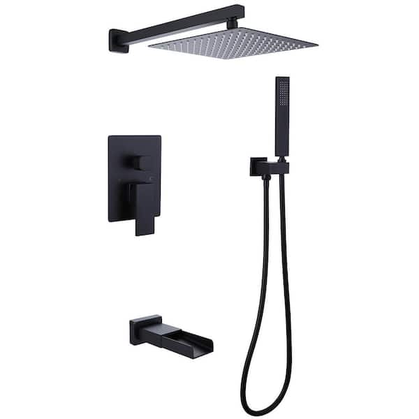 BWE Waterfall Spout Single Handle 3-Spray Square High Pressure Tub and Shower Faucet in Matte Black (Valve Included)
